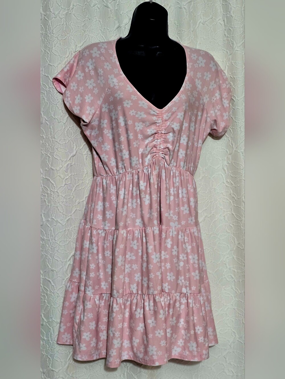 No Boundaries Pink Floral Tiered Mini Dress Juniors Size XL (15-17)